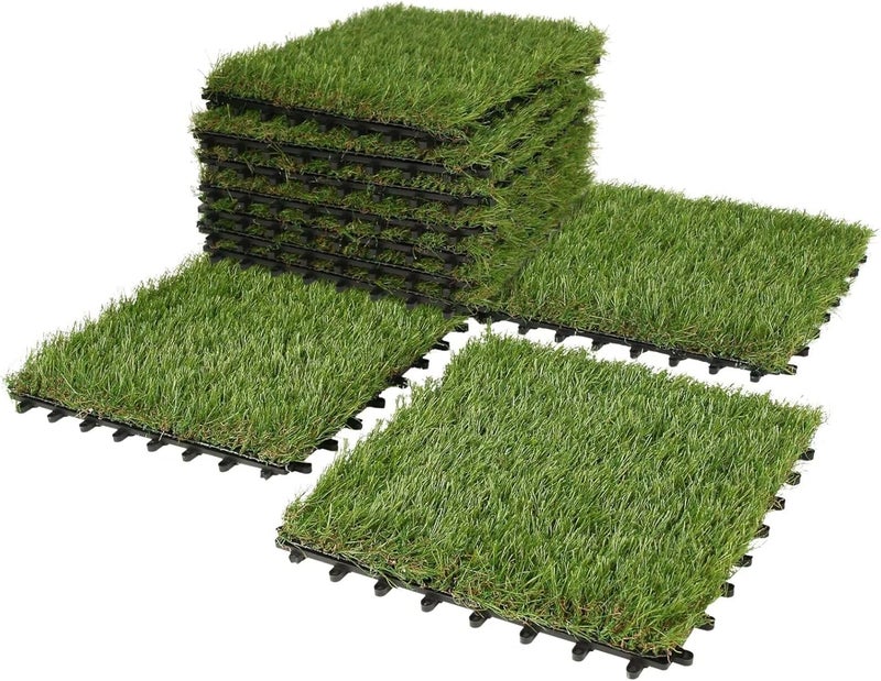 XLX TURF Artificial Grass Turf Tiles Interlocking Set 12 Pieces, Square Fake Grass Tiles Self-draining for Pet Indoor/Outdoor Flooring Decor, 12"x12", 8 Buckle Systerm - Image 1