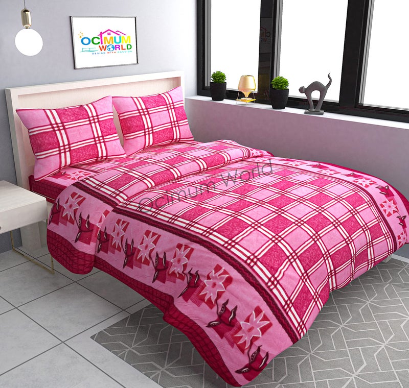 MORADO Woollen Heavy Fleece Warm Checkered Double Bedsheet with Two Pillow Covers with Zipper for Winters (90×100 Inch, Pink) - Image 1