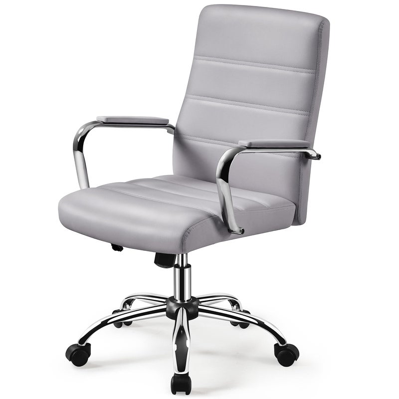 Yaheetech MidBack Office Chair with Arms Swivel PU Leather Height Adjustable Office Executive Chair Light Gray