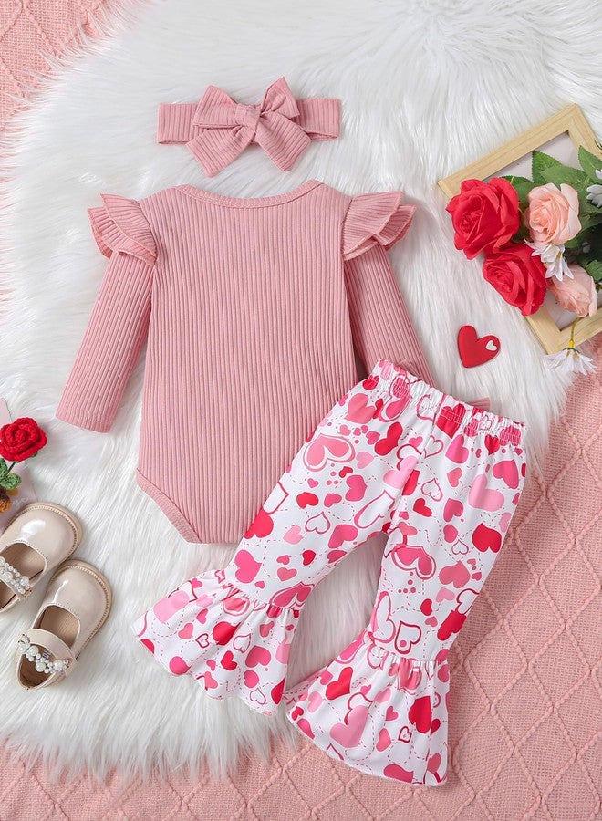 Noubeau My First Valentine's Day Outfits Newborn Baby Girl Outfits Long Sleeve Ribbed Romper Heart Flare Pant Headband 3Pcs(Romper-1,6-12 Months) - Image 3