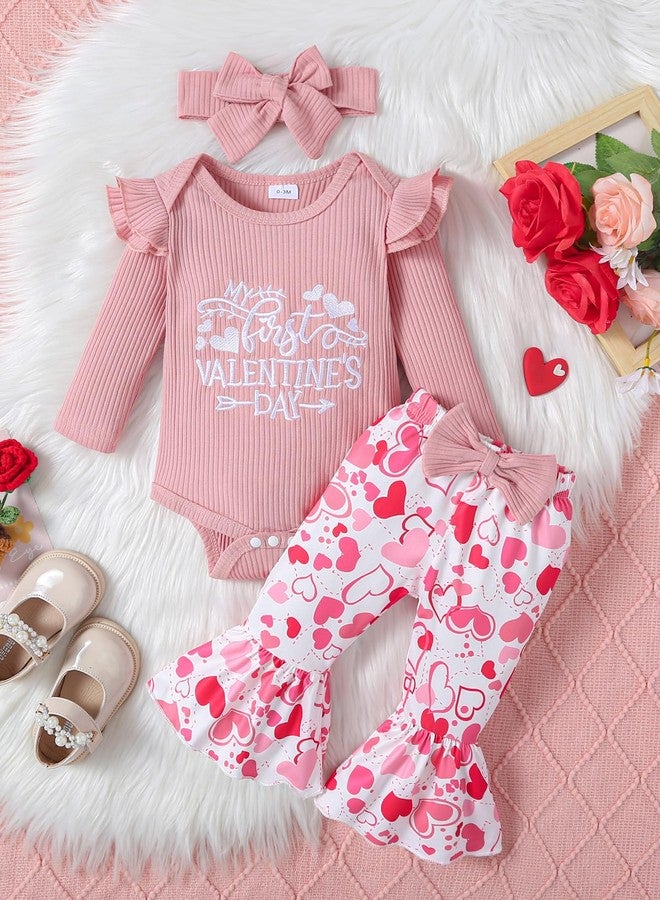 Noubeau My First Valentine's Day Outfits Newborn Baby Girl Outfits Long Sleeve Ribbed Romper Heart Flare Pant Headband 3Pcs(Romper-1,6-12 Months) - Image 2