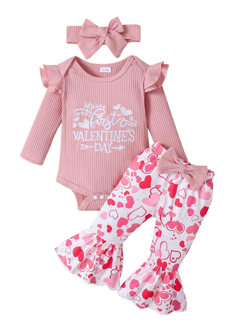 Noubeau My First Valentine's Day Outfits Newborn Baby Girl Outfits Long Sleeve Ribbed Romper Heart Flare Pant Headband 3Pcs(Romper-1,6-12 Months) - Image 1