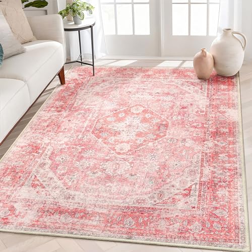 MUJOO Pink Rugs for Bedroom 5x7 Area Rugs Girls Boho Rugs for Living Room Washable Rug Non Slip Throw Carpet for Bedside Dorm Dining Room Indoor Soft Light Pink Floral Home Decor - Image 1