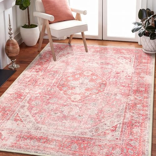 MUJOO Pink Rugs for Bedroom 5x7 Area Rugs Girls Boho Rugs for Living Room Washable Rug Non Slip Throw Carpet for Bedside Dorm Dining Room Indoor Soft Light Pink Floral Home Decor - Image 3