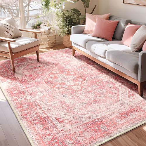 MUJOO Pink Rugs for Bedroom 5x7 Area Rugs Girls Boho Rugs for Living Room Washable Rug Non Slip Throw Carpet for Bedside Dorm Dining Room Indoor Soft Light Pink Floral Home Decor - Image 2