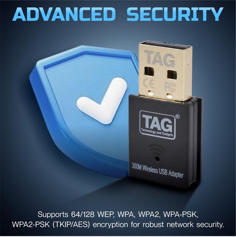 TAG Airlink 300 Mbps USB WiFi Adapter | 2.4GHz Mini Wireless Network Dongle for PC/Laptop/Desktop | USB 2.0 | Soft AP Mode | WPA/WPA2 Security | Plug & Play | Black - Image 4