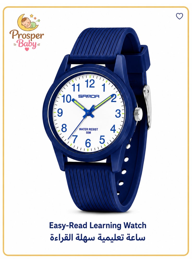 Prosper Baby Kids Analog Learning Watch for Boys and Girls, Easy-Read Arabic Numerals, 50M Water Resistant, Japanese Quartz Movement, Soft TPU Strap, Ages 4-12, Blue - Image 1