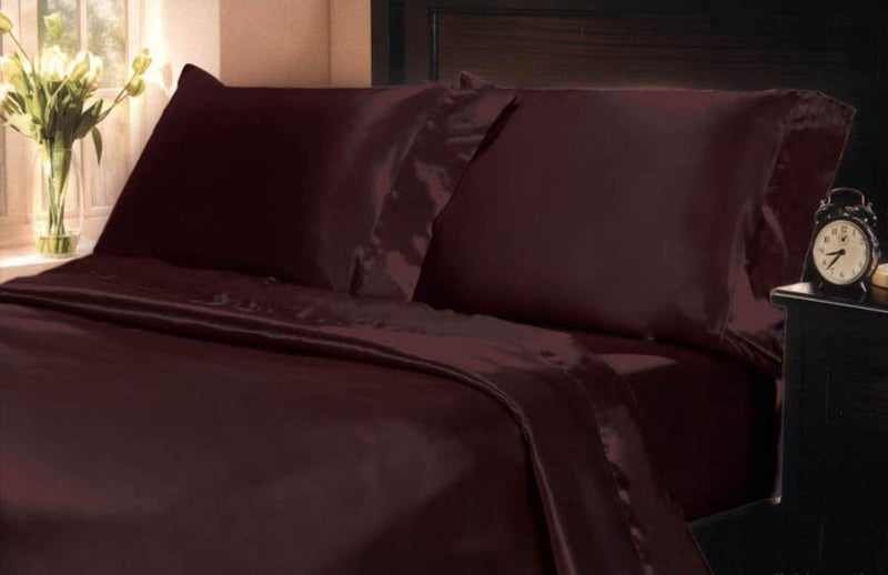 MK Home Mk Collection 4pc Queen Soft Silky Satin Solid Burgundy Deep Pocket Sheet Set New - Image 2
