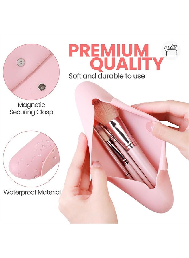 Silicone Makeup Brush Bag, Portable Makeup Bag Makeup Bag Travel Essentials Makeup Brush Bag Waterproof Brush Organizer - Pink - Image 3