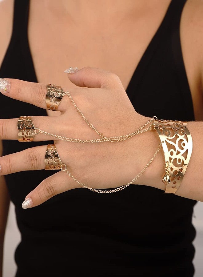 Wiwpar Crystal Bracelet Multilayer Tassel Bell Slave Finger Ring Hand Harness Bracelet Hollow Engraved Pattern Adjustable Bangle Bracelet Gifts for Women (gold) - Image 3