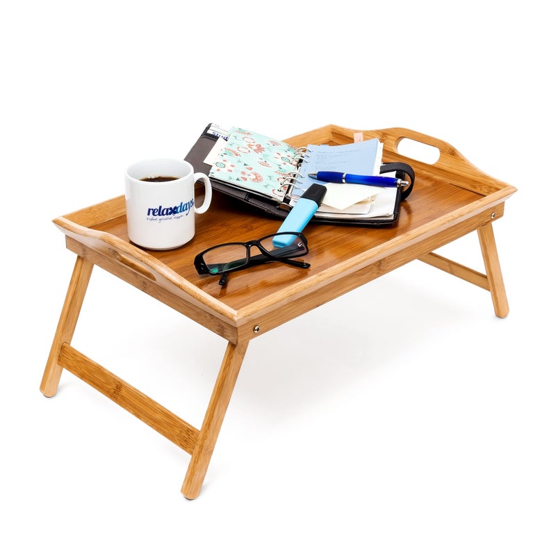Relaxdays Bamboo Folding Serving Tray HxWxD ca 25 x 52 x 33 cm for Breakfast In Bed with Handles and Foldable Legs Natural Brown