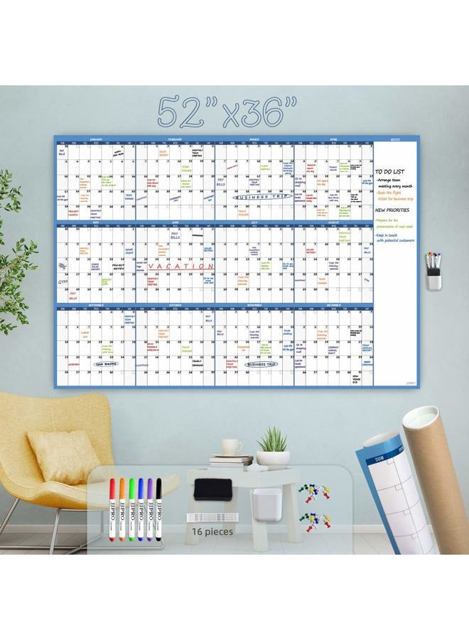 JJPRO Large Dry Erase Wall Calendar - 52"x36" - Blank Undated Yearly Calendar - Whiteboard Premium Laminated Planner - Reusable Laminated Office Jumbo 12 Months Calendar - Image 1