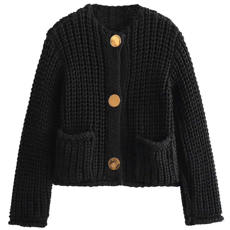Arssm Womens Cropped Cardigan Sweaters Chunky Open Front Button Down Knit Sweater Long Sleeve Loose Cardigan Outerwear(Black-S) - Image 1