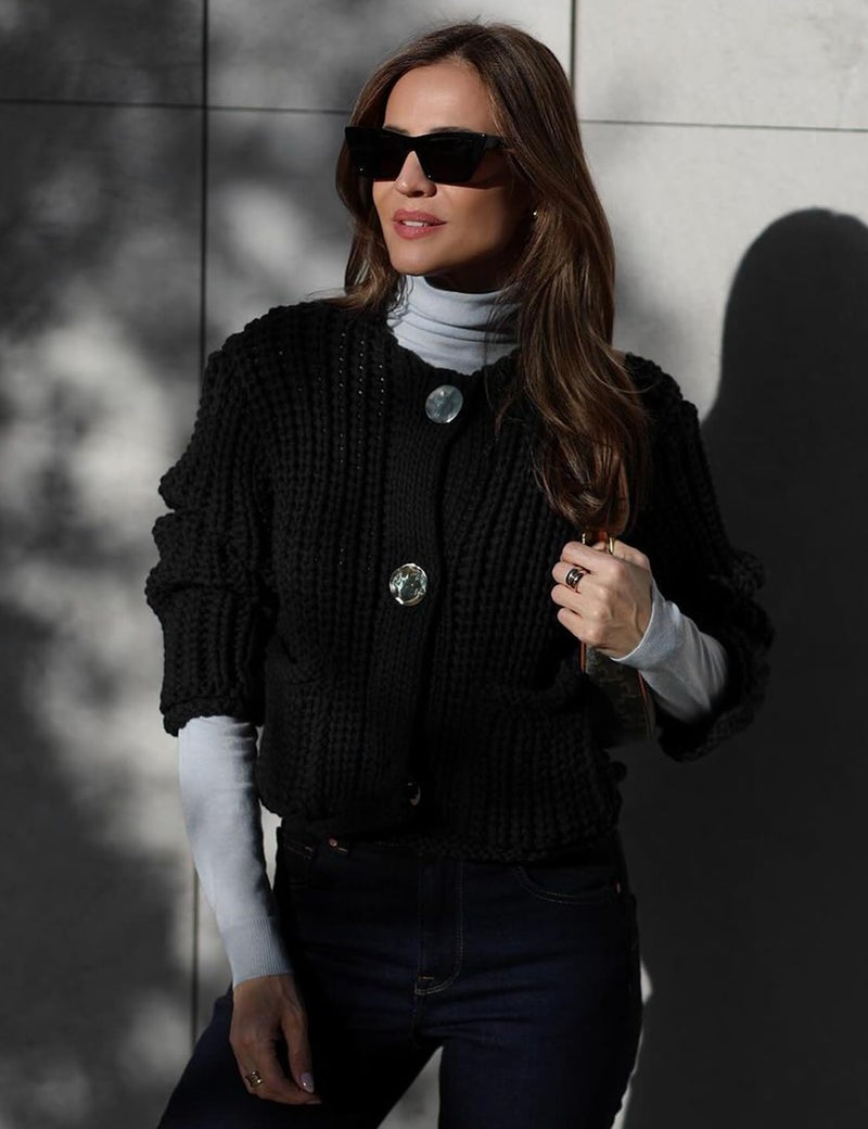 Arssm Womens Cropped Cardigan Sweaters Chunky Open Front Button Down Knit Sweater Long Sleeve Loose Cardigan Outerwear(Black-S) - Image 5