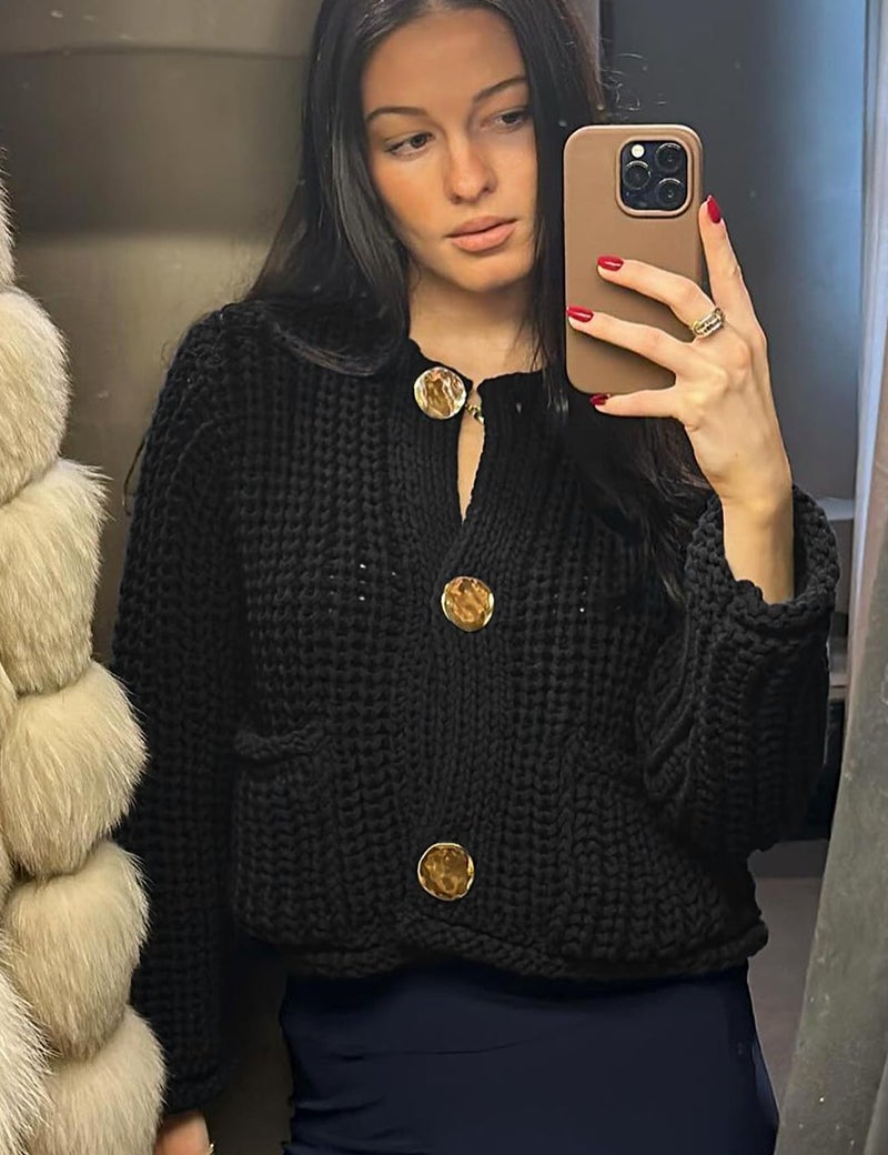 Arssm Womens Cropped Cardigan Sweaters Chunky Open Front Button Down Knit Sweater Long Sleeve Loose Cardigan Outerwear(Black-S) - Image 4