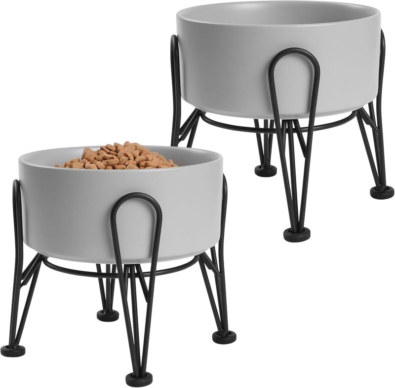 Kitwinney Elevated Dog Bowls, Ceramic Raised Dog Bowl Set with Anti-Slip and Non-Tip Metal Stand, 2 Pack Pet Food and Water Feeding Bowls for Small and Medium Dogs (Gray,3.6 Cups) - Image 1