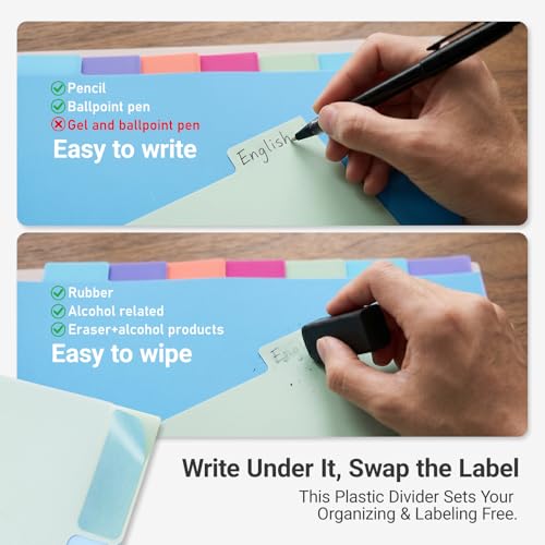 WORPSON 8 Tabs Durable Plastic Write & Erase Large Tabs Dividers for 3 Ring Binders, Rectangle Binder Dividers with Sticker for Study, Teacher, Office, Home Organizers (Multi A, 3 Set (24 Tab)) - Image 4