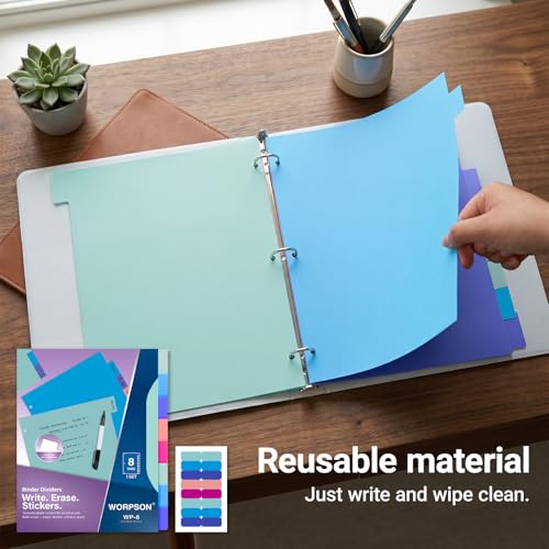 WORPSON 8 Tabs Durable Plastic Write & Erase Large Tabs Dividers for 3 Ring Binders, Rectangle Binder Dividers with Sticker for Study, Teacher, Office, Home Organizers (Multi A, 3 Set (24 Tab)) - Image 2