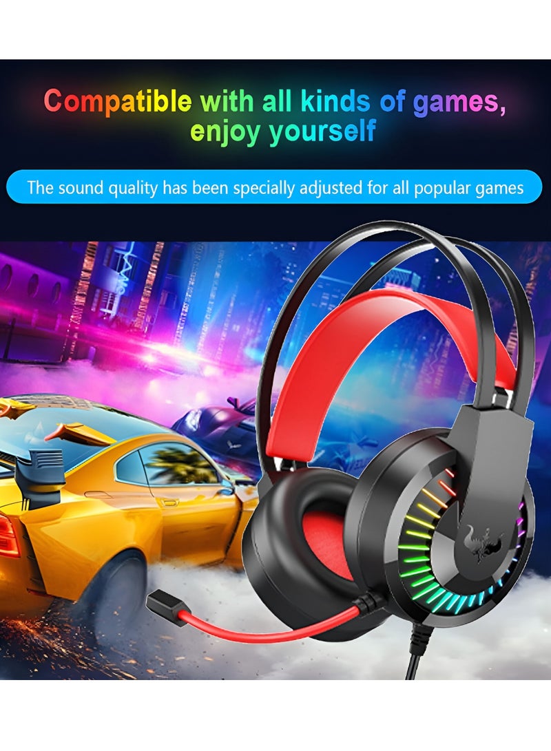 سماعة الألعاب GT68  OVLENG - تصميم مريح قابل للتعديل - RGB إضاءة مبهرة - ميكروفون دوار 120 درجة - جاك 3.5 ملم + USB - طول الكابل 2 متر-احمر  - Image 2