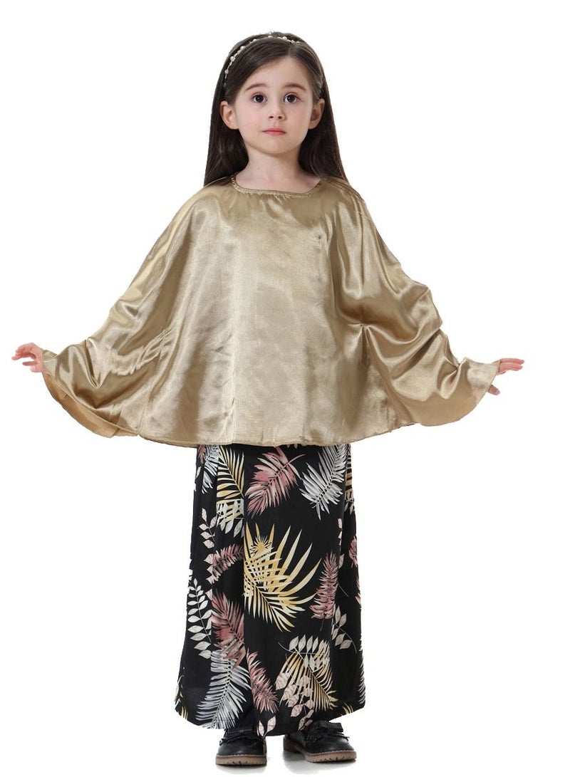 Loquat Girl's 2-Piece Clothing Set Batwing Sleeve top and printed half skirt Dress Camel/Black Printed  - Image 1