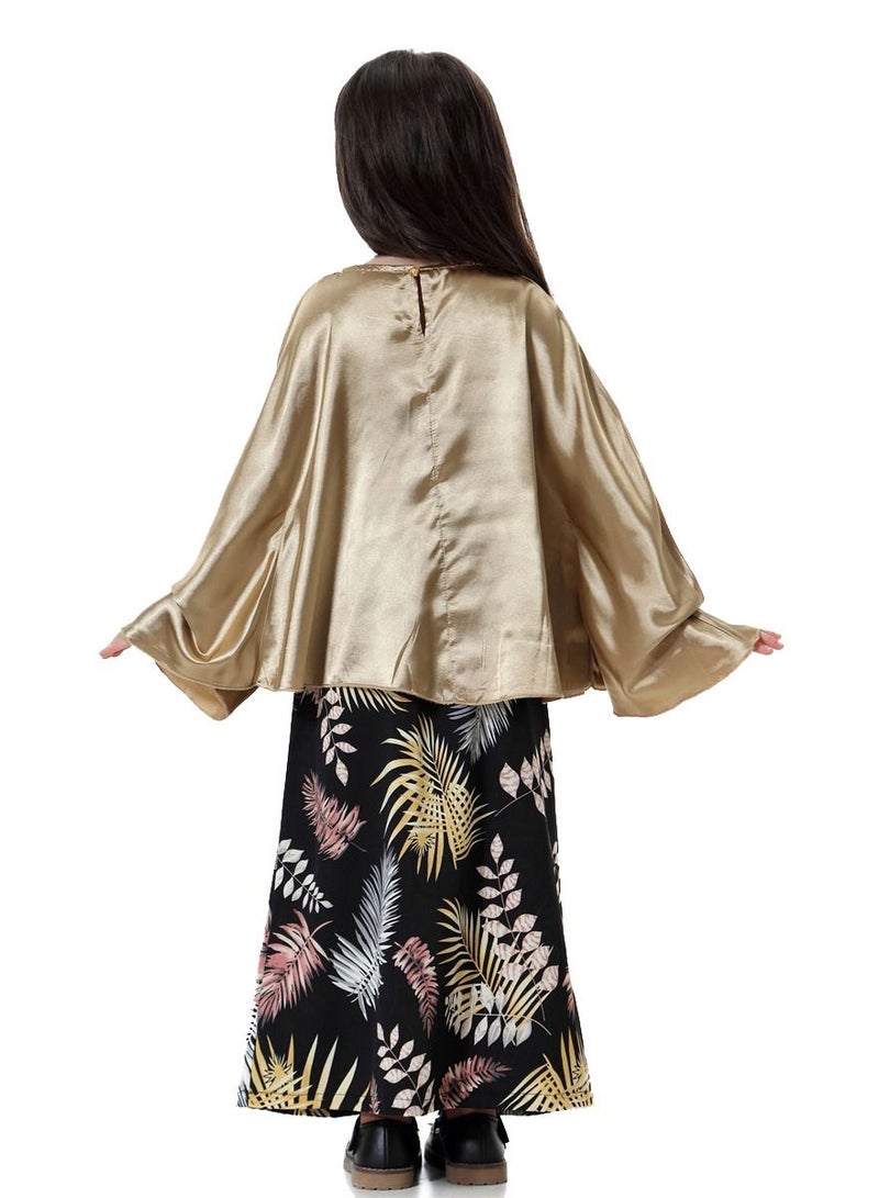 Loquat Girl's 2-Piece Clothing Set Batwing Sleeve top and printed half skirt Dress Camel/Black Printed  - Image 2