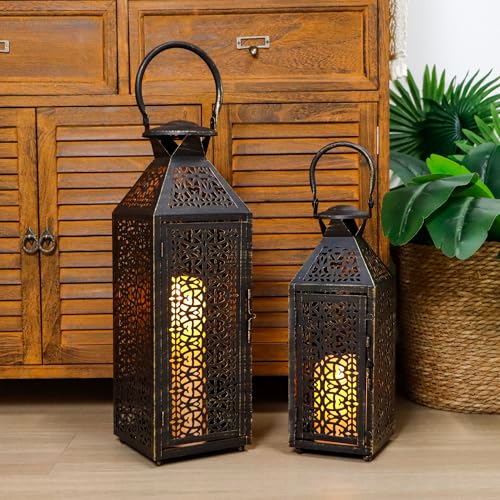 JHY DESIGN Set of 2 Vintage Decorative Candle Lanterns 19"&14''H Halloween Metal Candle Holders with Hollow Pattern for Garden Porch Shelf Indoor Outdoor Parties Weddings Patio(Black Brushed Gold) - Image 1