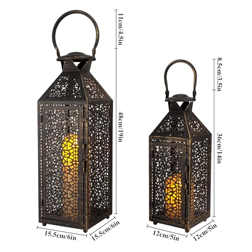 JHY DESIGN Set of 2 Vintage Decorative Candle Lanterns 19"&14''H Halloween Metal Candle Holders with Hollow Pattern for Garden Porch Shelf Indoor Outdoor Parties Weddings Patio(Black Brushed Gold) - Image 3