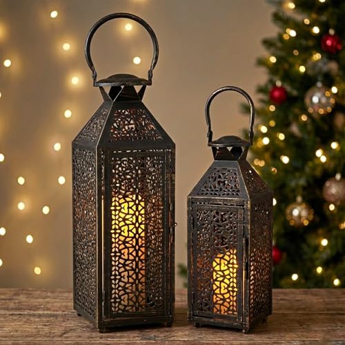 JHY DESIGN Set of 2 Vintage Decorative Candle Lanterns 19"&14''H Halloween Metal Candle Holders with Hollow Pattern for Garden Porch Shelf Indoor Outdoor Parties Weddings Patio(Black Brushed Gold) - Image 5