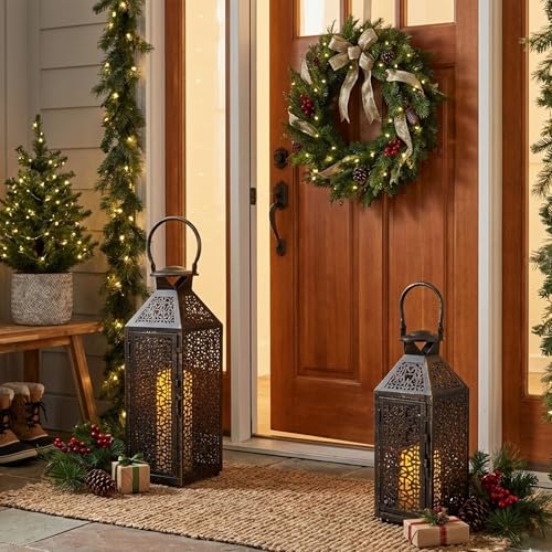 JHY DESIGN Set of 2 Vintage Decorative Candle Lanterns 19"&14''H Halloween Metal Candle Holders with Hollow Pattern for Garden Porch Shelf Indoor Outdoor Parties Weddings Patio(Black Brushed Gold) - Image 2