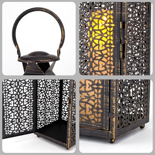 JHY DESIGN Set of 2 Vintage Decorative Candle Lanterns 19"&14''H Halloween Metal Candle Holders with Hollow Pattern for Garden Porch Shelf Indoor Outdoor Parties Weddings Patio(Black Brushed Gold) - Image 4