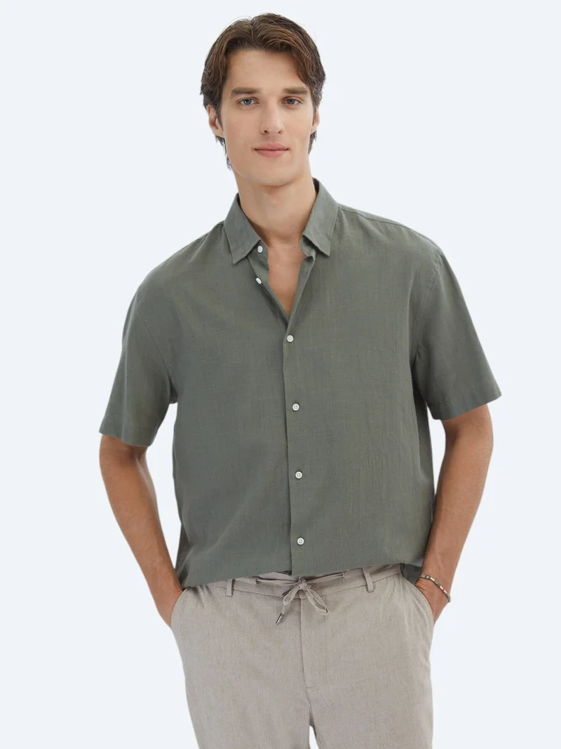 Kip Khaki Oversize Fit Short Weaving Casual 100% Cotton Shirt