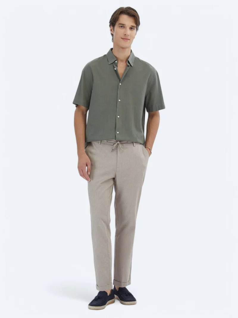 Kip Khaki Oversize Fit Short Weaving Casual 100% Cotton Shirt