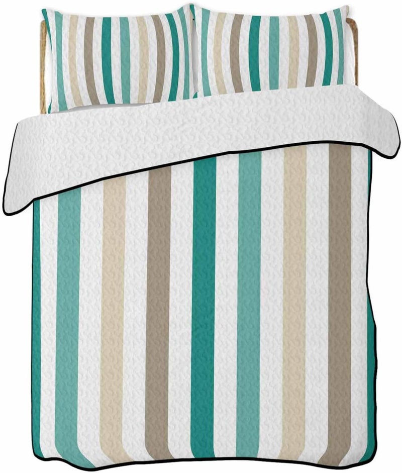 Quilts Twin XL Size Bedding Set, Teal Brown Stripe Lightweight Quilted Comforter, Gradient Geometric Vertical Striped Soft Reversible Bedspread Coverlet with Pillow Covers for All Season, 68" x 98" - Image 1