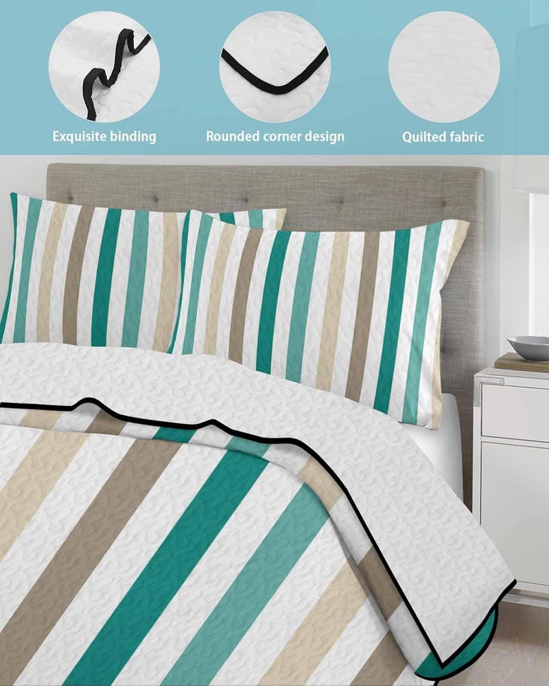 Quilts Twin XL Size Bedding Set, Teal Brown Stripe Lightweight Quilted Comforter, Gradient Geometric Vertical Striped Soft Reversible Bedspread Coverlet with Pillow Covers for All Season, 68" x 98" - Image 4