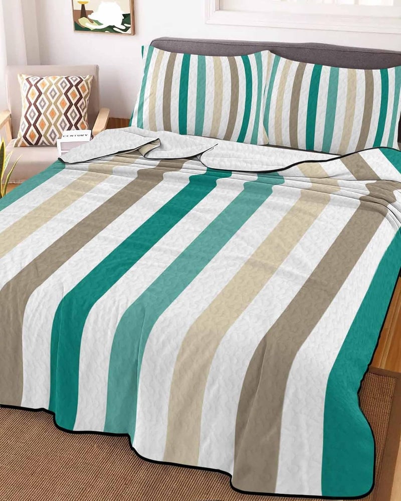 Quilts Twin XL Size Bedding Set, Teal Brown Stripe Lightweight Quilted Comforter, Gradient Geometric Vertical Striped Soft Reversible Bedspread Coverlet with Pillow Covers for All Season, 68" x 98" - Image 2