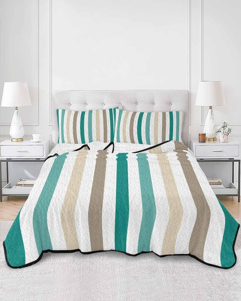 Quilts Twin XL Size Bedding Set, Teal Brown Stripe Lightweight Quilted Comforter, Gradient Geometric Vertical Striped Soft Reversible Bedspread Coverlet with Pillow Covers for All Season, 68" x 98" - Image 3