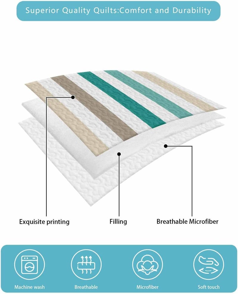 Quilts Twin XL Size Bedding Set, Teal Brown Stripe Lightweight Quilted Comforter, Gradient Geometric Vertical Striped Soft Reversible Bedspread Coverlet with Pillow Covers for All Season, 68" x 98" - Image 5