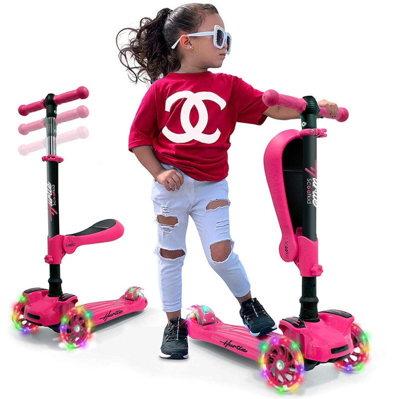 Hurtle Kids Scooter - Child Toddler Kick Scooter Toy with Foldable Seat - 3 Wheel Scooter with Adjustable Height, Anti-Slip Deck, Flashing Wheel Lights, for Boys/Girls 1-12 Year Old, Pink - Image 1