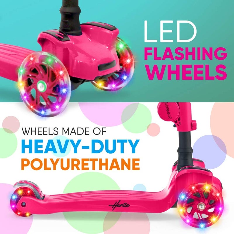 Hurtle Kids Scooter - Child Toddler Kick Scooter Toy with Foldable Seat - 3 Wheel Scooter with Adjustable Height, Anti-Slip Deck, Flashing Wheel Lights, for Boys/Girls 1-12 Year Old, Pink - Image 4