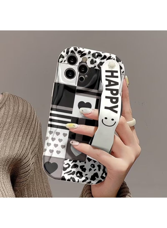 Temu A mobile phone case with a creamy ribbon, a happy smile, and a black and white square stripe print; shockproof and scratch-resistant; compatible with iPhone 16 Pro. - Image 1