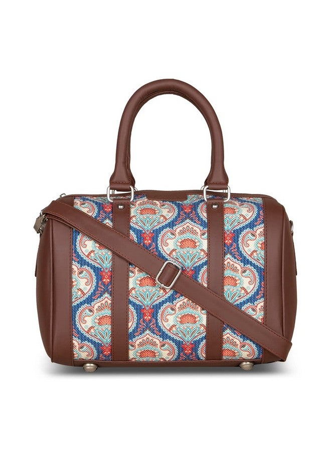 ZOUK Printed Vegan Leather Handmade Women's Handbags with double handles and detachable Sling Strap - Kovil Blue - Image 1
