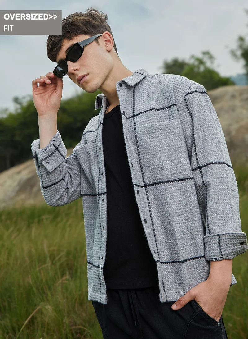 Campus Sutra Men's Moon Grey Graph-Check Waffle Overshirt