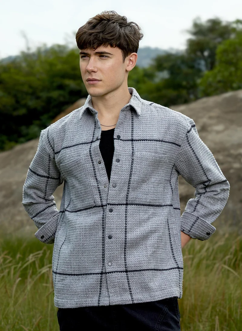 Campus Sutra Men's Moon Grey Graph-Check Waffle Overshirt