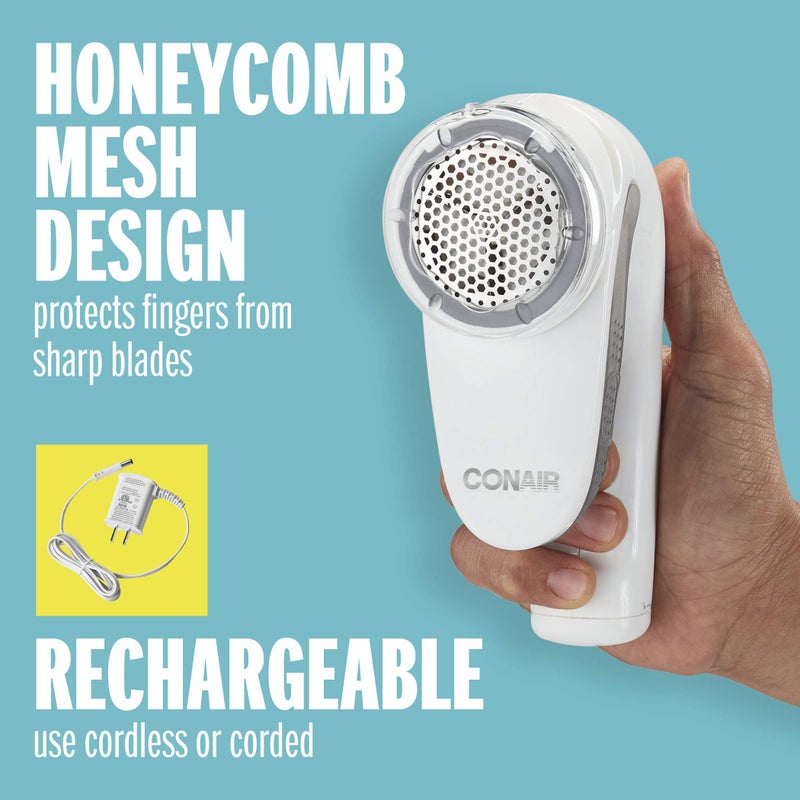 CONAIR مزيل الوبر من كونير، ماكينة حلاقة القماش القابلة لإعادة الشحن، ماكينة حلاقة ملابس محمولة مع 3 إعدادات، مزيل الوبر للكنزات والملابس والأثاث، رأس حلاقة كبير بقطر 2 إنش، أبيض - Image 3