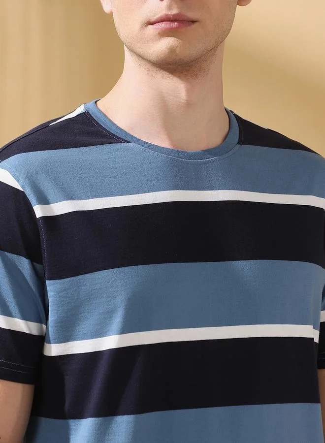 Dennis Lingo Men's Blue Cotton Blend Striped Regular Fit T-Shirt