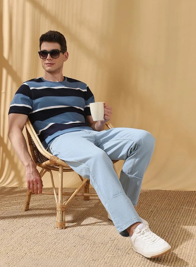Dennis Lingo Men's Blue Cotton Blend Striped Regular Fit T-Shirt