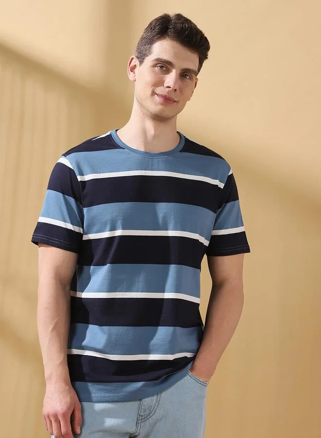 Dennis Lingo Men's Blue Cotton Blend Striped Regular Fit T-Shirt