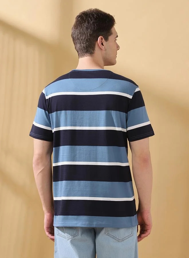 Dennis Lingo Men's Blue Cotton Blend Striped Regular Fit T-Shirt