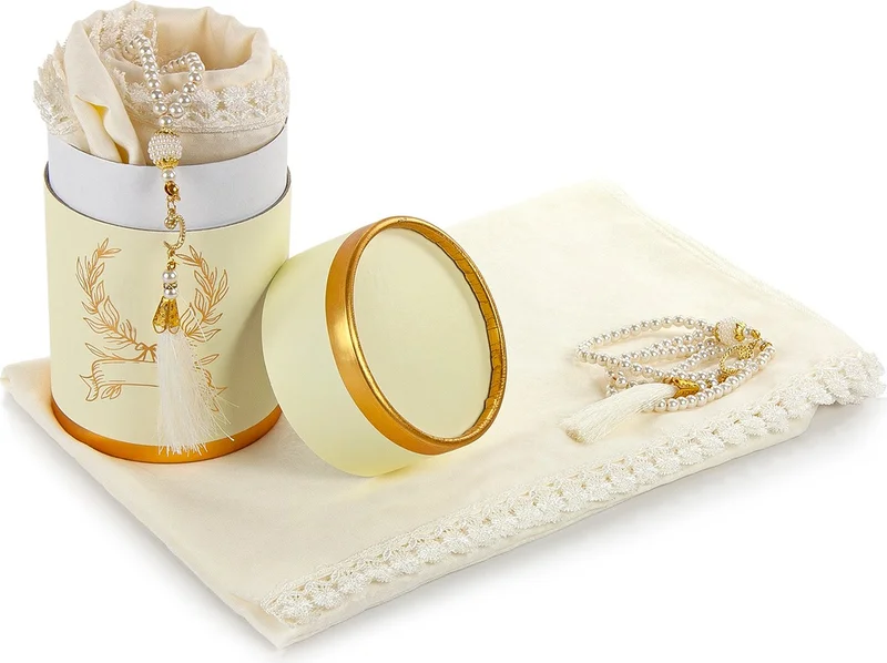 İhvan Ihvan Special Cylinder Boxed Set with Pearl Rosary, Cotton Scallops, Mevlid Cover, Cream Color