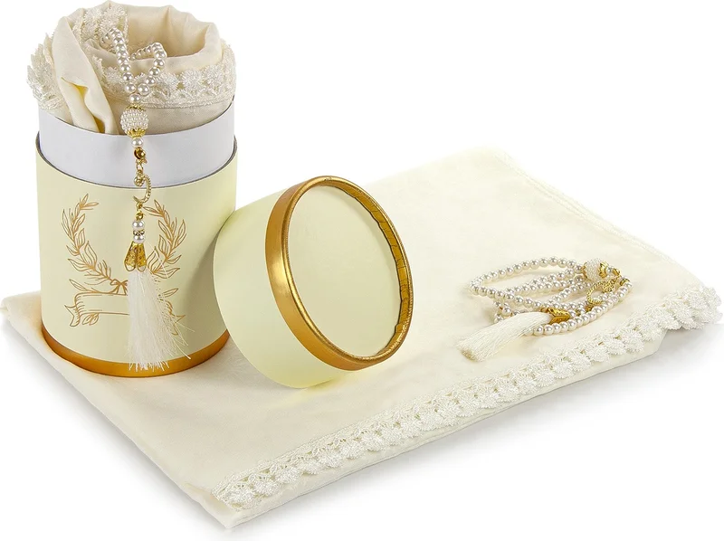 İhvan Ihvan Special Cylinder Boxed Set with Pearl Rosary, Cotton Scallops, Mevlid Cover, Cream Color